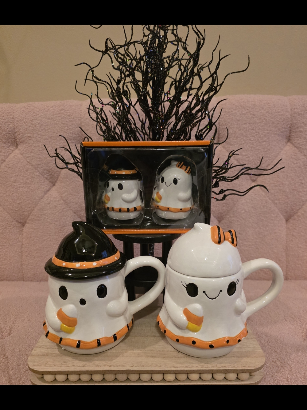 Halloween ceramic Ghost-themed lidded mugs and matching Salt & Pepper Shaker Set